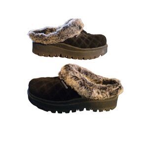 Skechers Shindig Fortress Mule Black Suede Shoe Faux Fur Y2K Platform Jammers Si
